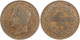 MONACO: Honoré V, 1819-1841, AE decime, 1838, KM-Pn5, Gad-MC111, pattern essai, clasped hands privy mark, ANACS graded AU55. Fantasy coinage from the ...