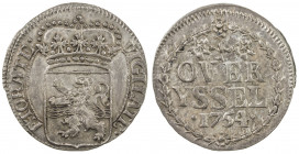OVERIJSSEL: United Netherlands, AR duit, 1754, as KM-95, as Verkade-795, variety in silver, struck slightly off-center, nicely toned, EF-AU, RR. 
Est...