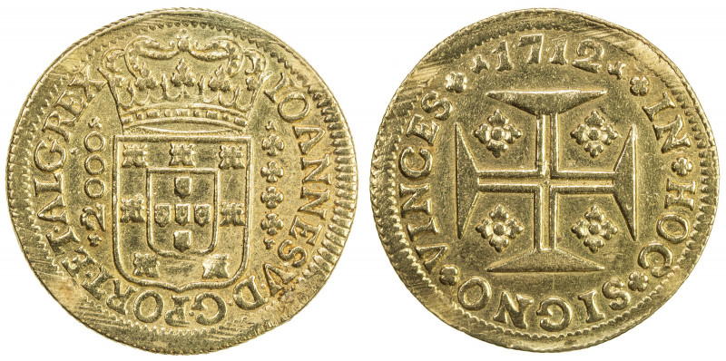 PORTUGAL: João V, 1706-1750, AV 2000 reis, 1712, KM-183, mounts expertly removed...