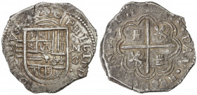 SPAIN: Felipe III, 1556-1598, AR 4 reales (8.88g), 159(7)-G, AC-305var, assayer M, Granada Mint cob issue cut down to present weight, OMNIVM type with...