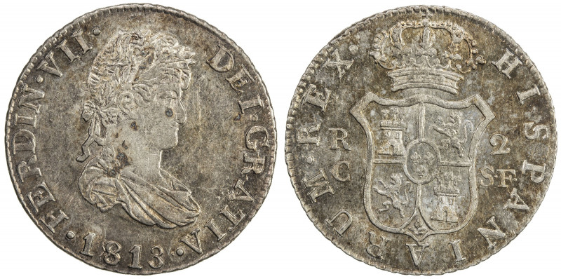 SPAIN: Fernando VII, 1808-1833, AR 2 reales, 1813-C, KM-464, AC-767, initials SF...