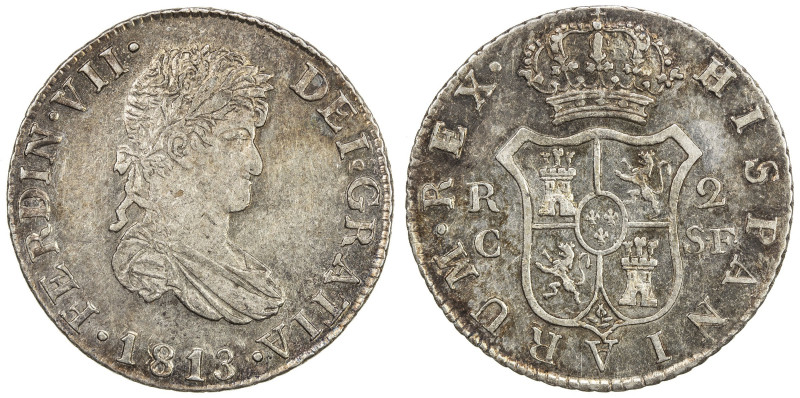 SPAIN: Fernando VII, 1808-1833, AR 2 reales, 1813-C, KM-464, AC-767, initials SF...