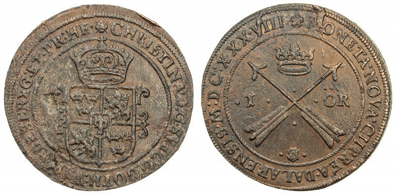 SWEDEN: Christina, 1632-1654, AE öre, 1638, KM-161, planchet flaw, light oxidati...