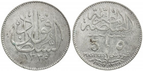 EGYPT: Fuad I, as Sultan, 1917-1922, AR 5 piastres, 1920/AH1338-H, KM-326, Y-45, one-year type, EF.
Estimate: USD 125 - 175