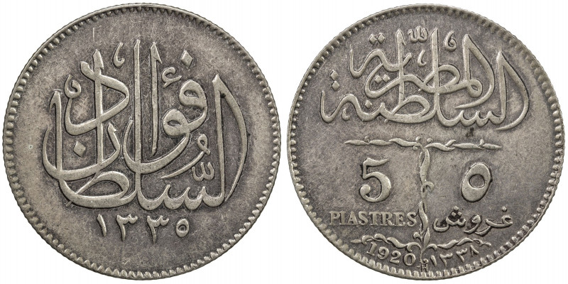 EGYPT: Fuad I, as Sultan, 1917-1922, AR 5 piastres, 1920/AH1338-H, KM-326, Y-45,...