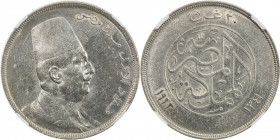 EGYPT: Fuad I, as King, 1922-1936, AR 20 piastres, 1923/AH1341, KM-338, obverse cleaned, but very lightly, with a light golden tone, two-mintmark type...