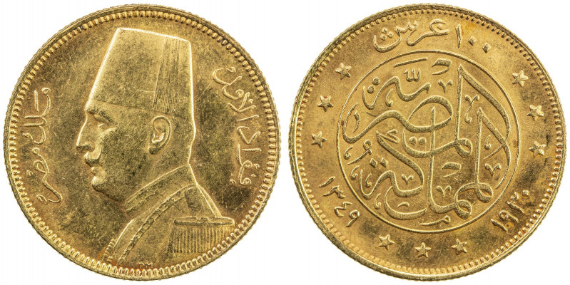 EGYPT: Fuad I, as King, 1922-1936, AV 100 piastres, 1930/AH1349, KM-354, AU.
Es...