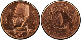EGYPT: Farouk I, 1936-1953, AE millieme, 1947/AH1366, KM-358, lacquered, PCGS graded Proof 62 RD, ex E. Szauer Collection. 
Estimate: USD 300 - 500