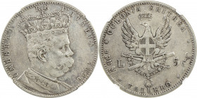 ERITREA: Umberto I, 1889-1900, AR 5 lire, 1896, KM-4, very lightly cleaned, almost fully retoned, two-year type, NGC graded EF details.
Estimate: USD...