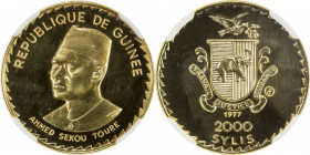 GUINEA: Republic, AV 2000 sylis, 1977, KM-51, Fr-16, Ahmad Sekou Toure, mintage of only 50 pieces, NGC graded Proof 68 Ultra Cameo. WINGS, RR. 
Estim...