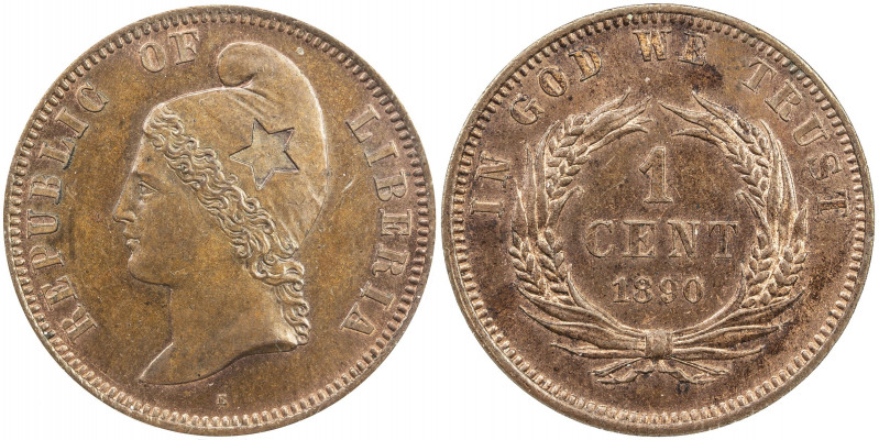 LIBERIA: Republic, AE cent, 1890-E, KM-XPn4, pattern, ANACS graded Proof 61.
Es...