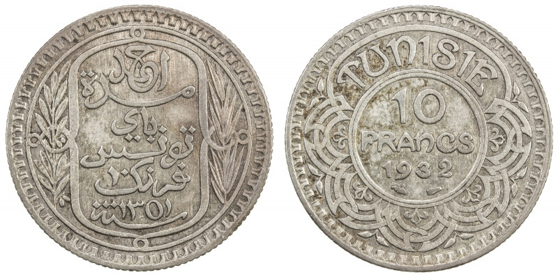 TUNISIA: French Protectorate, AR 10 francs, 1932/AH1351, KM-255, uneven light to...