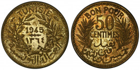 TUNISIA: French Protectorate, 50 centimes, 1945/AH1364, KM-PE2, piedfort (piéfort) essai, mintage of only 104 pieces, PCGS graded Specimen 64, R. 
Es...