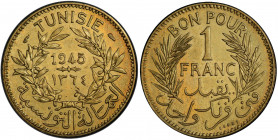 TUNISIA: French Protectorate, 1 franc, 1945/AH1364, KM-PE3, Lec-242, ESSAI piedfort (piéfort), mintage of only 104 pieces, PCGS graded Specimen 65, R....