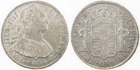 BOLIVIA: Carlos IV, 1788-1808, AR 4 reales, 1804, KM-72, assayer PJ, a few small obverse digs, lightly toned, Choice EF.
Estimate: USD 150 - 220