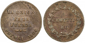 BOLIVIA: Republic, AE centecimo, 1864, KM-147, light reverse scratch and small lamination, one-year type, mintage of only 10,000 pieces, Choice VF, R,...