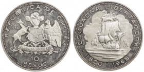 CHILE: Republic, AR 10 pesos, 1968, KM-183, Arrival of the Liberation Fleet of 1820 under the Command of Lord Cochrane, some hairlines, lightly toned,...