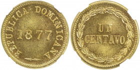 DOMINICAN REPUBLIC: Republic, centavo, 1877, KM-3, bright brassy color, one-year type, NGC graded MS65.
Estimate: USD 180 - 260