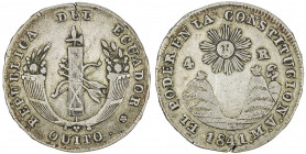 ECUADOR: Republic, AR 4 reales, 1841, KM-24, assayer MV, somewhat weakly struck, small edge defect, VF, ex Wolfgang Schuster Collection. 
Estimate: U...