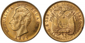 ECUADOR: Republic, AV 10 sucres, 1899, KM-56, Fr-10, initials JM, Birmingham Mint issue, two-year type, lustrous, PCGS graded AU58. WINGS.
Estimate: ...
