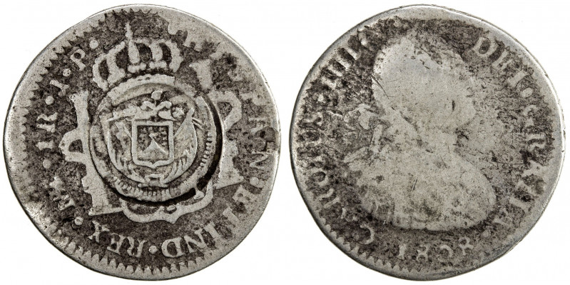 EL SALVADOR: AR real, ND [1868], KM-—, type V countermark on Peru 1808 AR real, ...