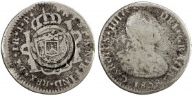 EL SALVADOR: AR real, ND [1868], KM-—, type V countermark on Peru 1808 AR real, assayer JP host coin, rare on this host type, Fine, R. A decree on Sep...