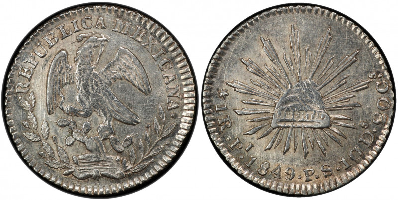 MEXICO: Republic, AR real, 1849-Pi, KM-372.9, assayer PS, PCGS graded MS62.
Est...