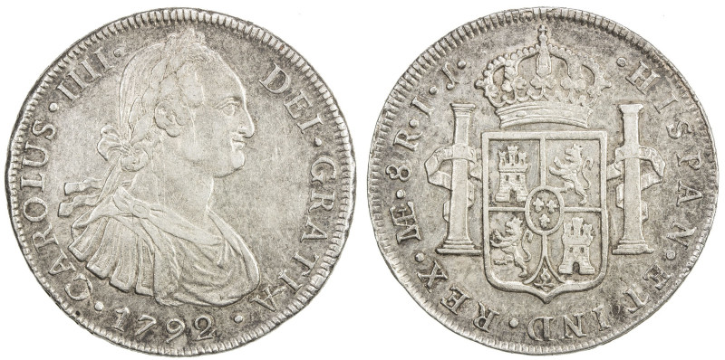 PERU: Carlos IV, 1788-1808, AR 8 reales, 1792, KM-109, initials IJ, some light s...