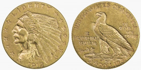 UNITED STATES: AV 2½ dollars, 1912, KM-128, EF, Indian head type.
Estimate: USD 250 - 300
