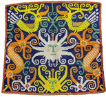 INDONESIA: BORNEO: coral bead blanket (195.50g), 30 x 28cm, tentacled head in white facing in center, with smaller head in yellow facing below, flanke...