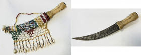 MIDDLE-EAST: decorated knife, 300mm, Arab knife with bone handle and scabbard completely covered with colorful beads and cowrie shells, Arabic inscrip...
