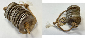 PAPUA NEW GUINEA: sapi-sapi shell money, strings of pink shell discs sewn overlapping onto plaited vegetable fibre, 21 pieces of 1" diameter shells, u...