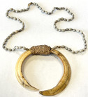 PAPUA NEW GUINEA: tusk & shell necklace (89.72g), Opitz p.87, 120 x 105mm, made from two boar tusks conjoined at the end with woven plant fiber, attac...