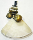 TAIWAN: horn plate money (9.48g), 39 x 32mm, fan-shaped section of water buffalo horn, attached to two small brass jingle bells and tiny black beads, ...