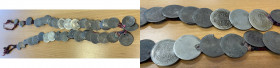 TURKEY: coin belt, 175mm, belt with 43 coins on hand woven strip, includes Ottoman Turkish coins of Mahmud II, Abdul Hamid II, and Mehmet V and Egypti...