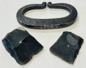 UNITED STATES: steel flint striker (38.64g), Opitz p.146, VF, 62 x 32mm, plus two pieces of flint, used for trade with Native Americans from the colon...