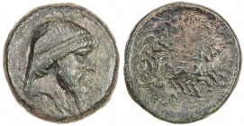 PARTHIAN KINGDOM: Mithradates I, c. 171-138 BC, AE tetrachalkous (6.69g), Ekbatana, Sell-12.9, diademed king's bust, bare-headed // Nike driving biga ...