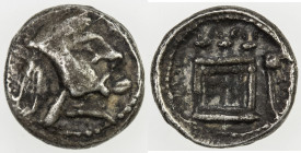 PERSIS KINGDOM: Vahbarz, 3rd century BC, AR obol (0.84g), Alram-529, Sunrise—, king's head right, with mustache and earring, wearing diadem and kyrbas...