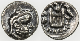 PERSIS KINGDOM: Darev I, 2nd century BC, AE obol (0.65g), Alram-556, Sunrise-584, head with short beard right, wearing diadem and kyrbasia surmounted ...