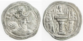 SASANIAN KINGDOM: Shahpur II, 309-379, AR drachm (4.10g), G-102, king's bust right, wearing mural crown, crescent to upper left // fire altar & 2 atte...
