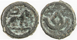 OTRAR: Anonymous, 8th century, AE cash (2.64g), Smir-1580, cf. Zeno-8949, lion right // tamgha around square without hole, nice VF, RR. 
Estimate: US...