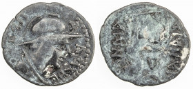 YUEH CHI: Sapadbizes, late 1st century AD, AR obol (0.39g), Mitch-2829/30, Senior-A6.1, helmeted and draped bust of ruler right // lion standing right...