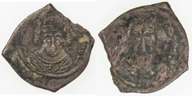 ARAB-SASANIAN: Anonymous, AE pashiz (1.16g), ST? (Istakhr?), ND (ca. 700-720), A-A46, Gyselen-23var, facing bust, wearing kufiya, with uncertain word ...