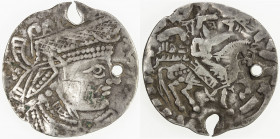 AFRIGHID: Dhu'l-Ri'asatayn, vizier, ca. 812-821, AR drachm (1.73g), ND, A-98.4, royal bust right, Khwarizmian style, in the name of Askaswar II // hor...