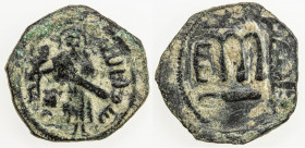 ARAB-BYZANTINE: Standing Caliph, ca. 692-697, AE fals (2.91g), Iliya Filastin (Jerusalem), ND, A-3545, standing caliph // cursive letter m, decent str...