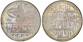 TURKEY: Selim III, 1789-1807, AR yüzlük, Islambul, AH1203 year 3, KM-507, attractively toned original mint luster! PCGS graded MS63.
Estimate: USD 10...