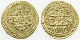 TURKEY: Mahmud II, 1808-1839, AV rubiye (0.80g), Kostantiniye, AH1223 year 5, KM-605, AU. The rubiye ("quarter") is ¼ of the sultani (findik), which w...