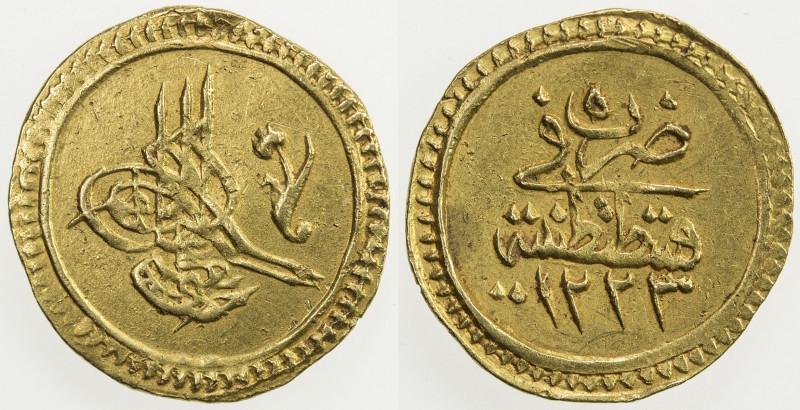 TURKEY: Mahmud II, 1808-1839, AV rubiye (0.81g), Kostantiniye, AH1223 year 5, KM...