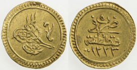 TURKEY: Mahmud II, 1808-1839, AV rubiye (0.81g), Kostantiniye, AH1223 year 5, KM-605, AU. The rubiye ("quarter") is ¼ of the sultani (findik), which w...