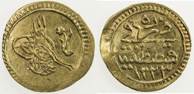 TURKEY: Mahmud II, 1808-1839, AV rubiye (0.78g), Kostantiniye, AH1223 year 5, KM-605, choice AU. The rubiye ("quarter") is ¼ of the sultani (findik), ...